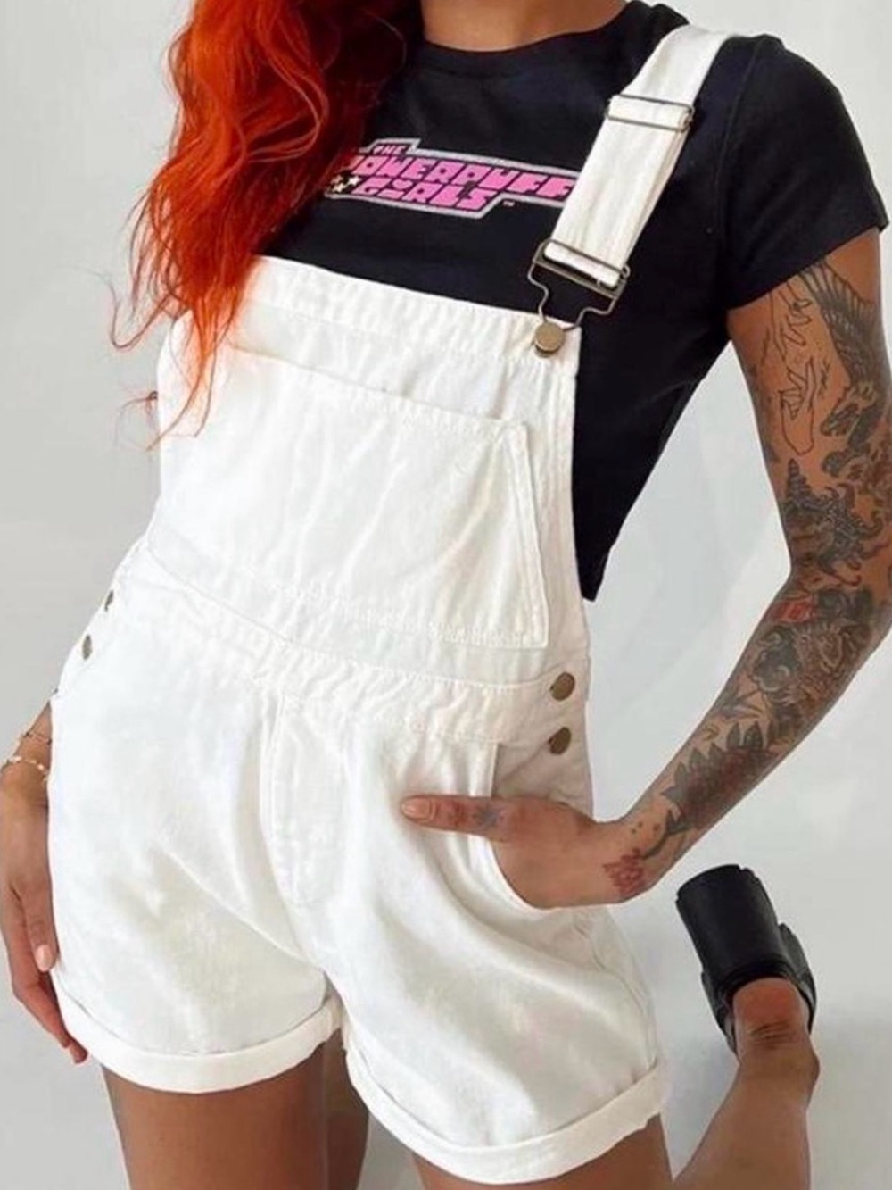 White Denim Short Overalls - Classic Casual Style
